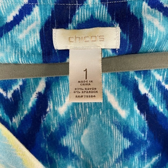 Chicos blue and green patter tunic top. With neckline embellishments,  size 1 - Picture 3 of 4